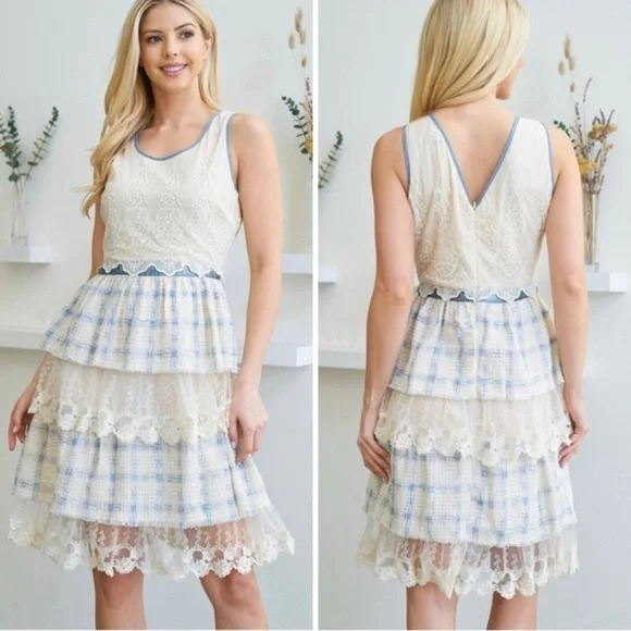 RYU Plaid embroidery lace ruffle cottagecore Cocktail Easter Dress spring summer - Picture 2 of 13